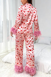 Cater To You Heart Printed Feather Trim Shirt Elastic Waist Pocket Pajama Set