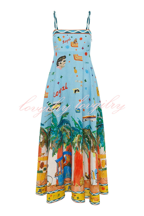 Summer Energy Linen Blend Unique Print Smocked Back Pocketed Midi Dress