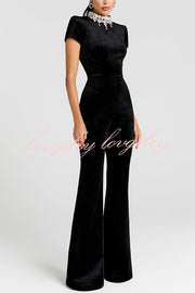 Lucia Luxurious Velvet Jewel-encrusted Turtleneck Short Sleeve Flare Stretch Jumpsuit