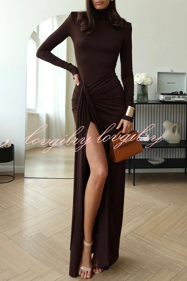 Luxe Silhouette High Neck Shoulder Pads Drape Stretch Maxi Dress