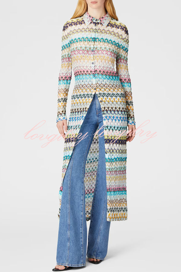 Anna Knit Colorful Herringbone Print Shirt Neck Button Long Sleeve Slim-fit Long Cardigan