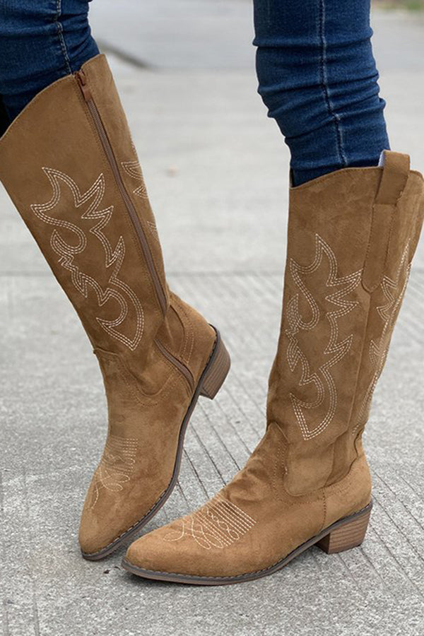 Retro Embroidered Block Heel Mid-calf Western Cowboy Martin Boots