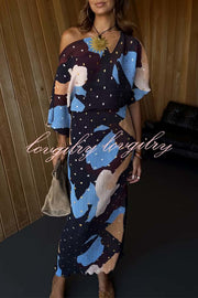 Mara Pleated Fabric Metallic Speckled Color Block Print One Shoulder Maxi Dress