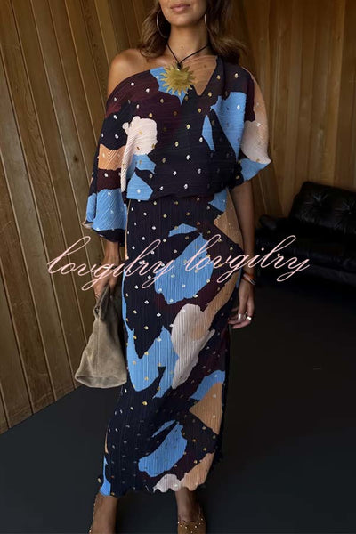 Mara Pleated Fabric Metallic Speckled Color Block Print One Shoulder Maxi Dress