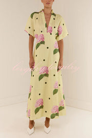 Jasmine Linen Blend Floral Polka Dot Wide Sleeve Shirt Maxi Dress