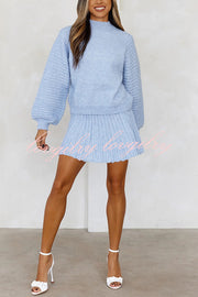 Solid Color Round Neck Puff Sleeve Loose Knit Sweater and Casual Striped Mini Skirt Set