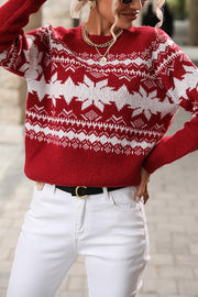 Christmas Snowflake Round Neck Long Sleeve Loose Knitted Sweater