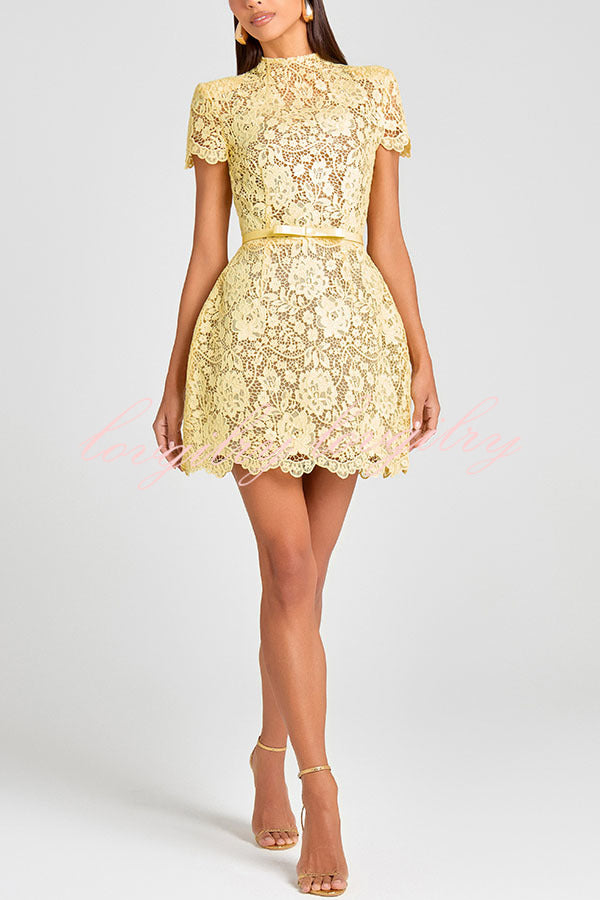Champagne Toast Flower Lace Short Sleeve Bow Belted Mini Dress