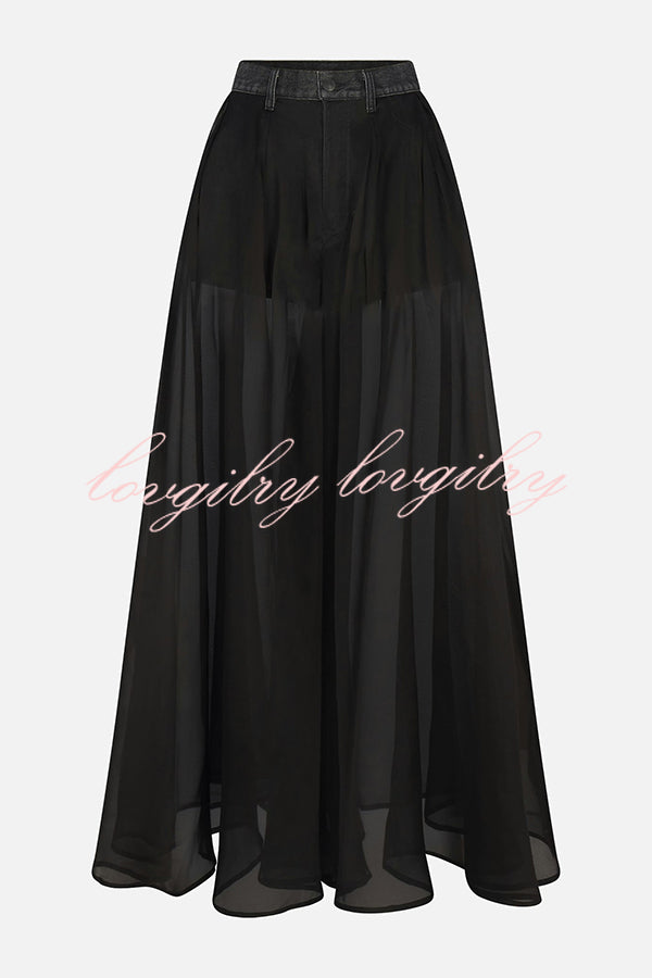 Avant-garde Fashion Denim Flowing Organza Patchwork Pocketed Wide Leg Jeans