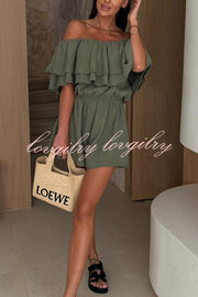 Solid Color Off-shoulder Ruffled Casual Waist Rompers