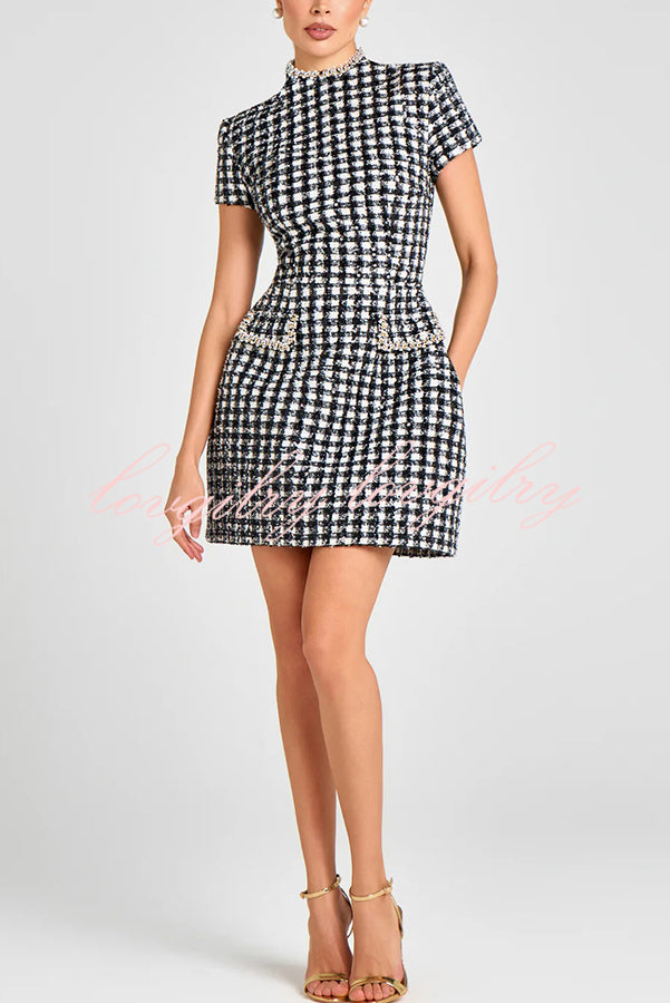 Eve Check Bouclé-tweed Fabric Pearl Trim Short Sleeve Pocketed Mini Dress