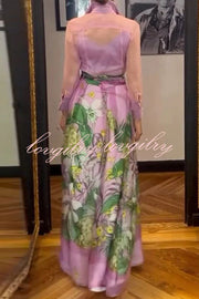 Seeds of Happiness Tulle Floral Print Elastic Waist Belt Pocketed Maxi Skirt