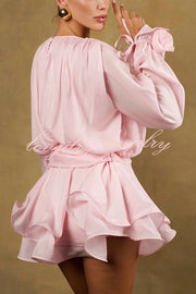 Solid Color Long Sleeve V-Neck Lace-Up Elegant Flower Decorated Mini Dress