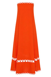Gina Linen Blend Scallop Cutout Trim Strapless A-line Midi Dress