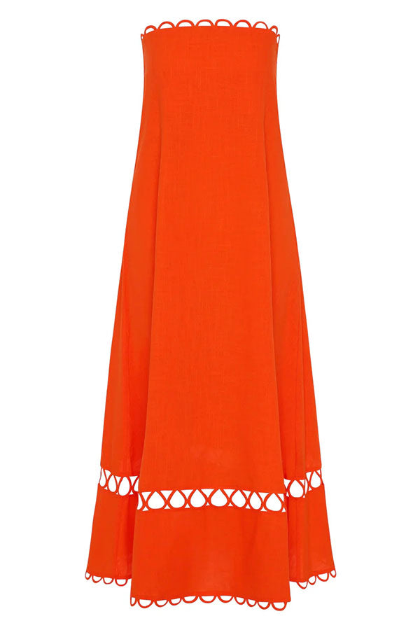 Gina Linen Blend Scallop Cutout Trim Strapless A-line Midi Dress