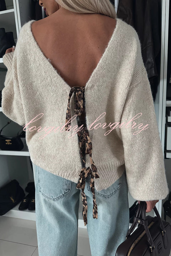 Fashionable Charm Knit Back Leopard Print Bow Tie-up Relaxed Sweater