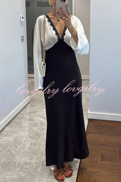 Lainei Contrast Color Satin Lace Trim V-neck Long Sleeve Maxi Dress
