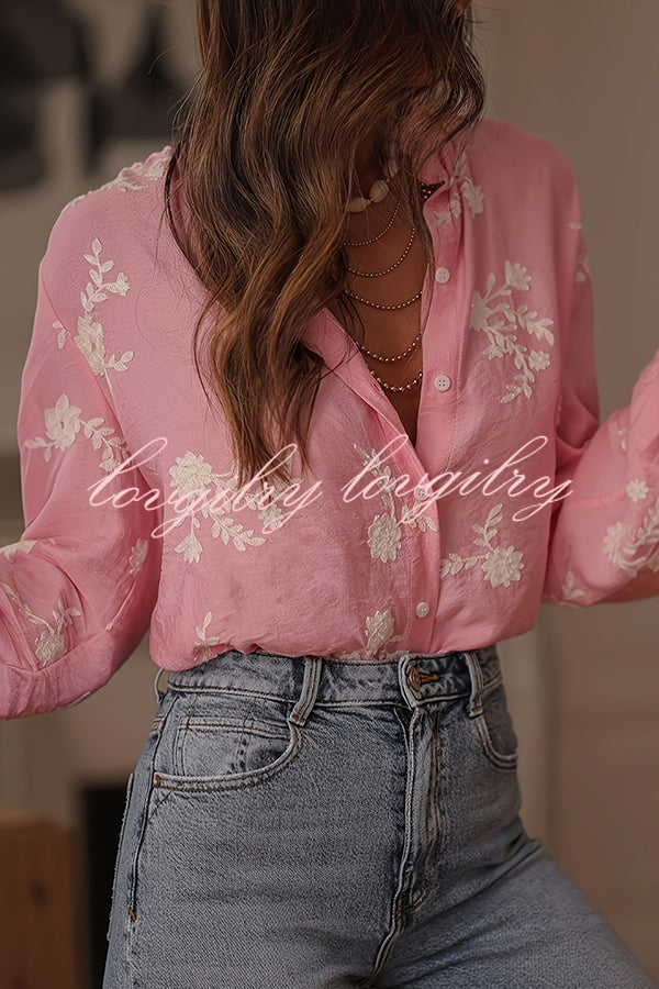 Floral Embroidery Long-Sleeved Button-Up Elegant Shirt