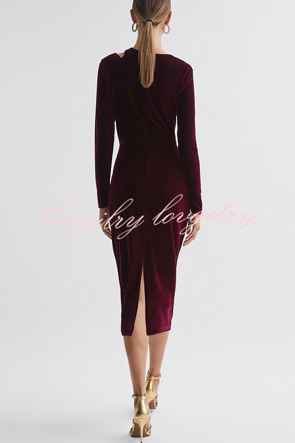 Perfect Party Velvet Cut Out Detail Long Sleeve Ruched Stretch Midi Dress