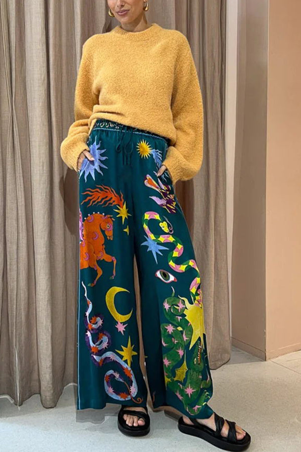 Pierson Linen Blend Unique Print Elastic Waist Pocketed Wide Leg Pants