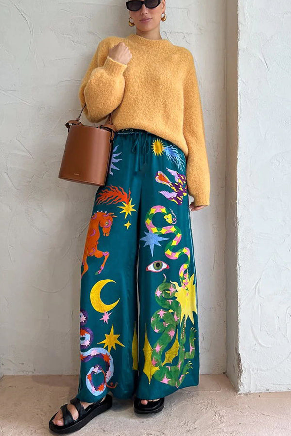 Pierson Linen Blend Unique Print Elastic Waist Pocketed Wide Leg Pants