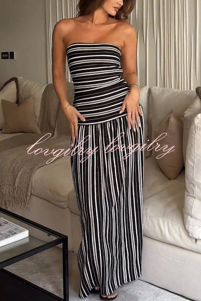 Simple Sexy Stripe Ruched Detail Bandeau Stretch Maxi Dress