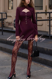 Elegant Long-sleeved Hollowed-out Button-down Slim-fit Mini Dress