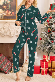 Snowflake Candy Print Casual Long-sleeved Shirt and Elastic Waist Pants Set