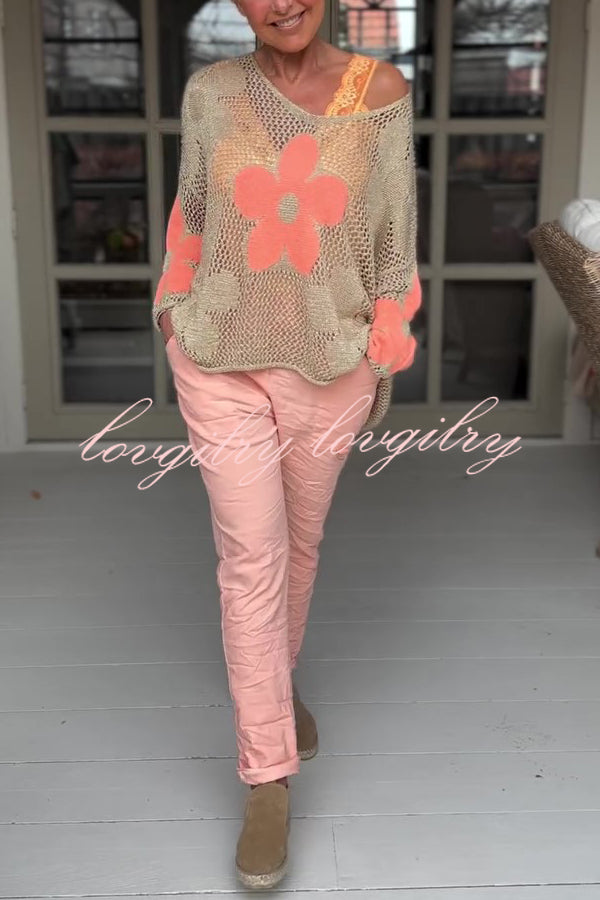 Embroidered Flower Hollow Holiday Knit Top