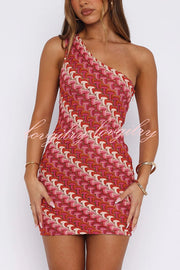 Playful Colorful Knitted Slim-fitting Offset Neck Stretch Mini Dress