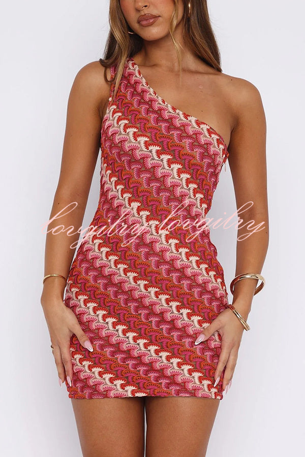 Playful Colorful Knitted Slim-fitting Offset Neck Stretch Mini Dress