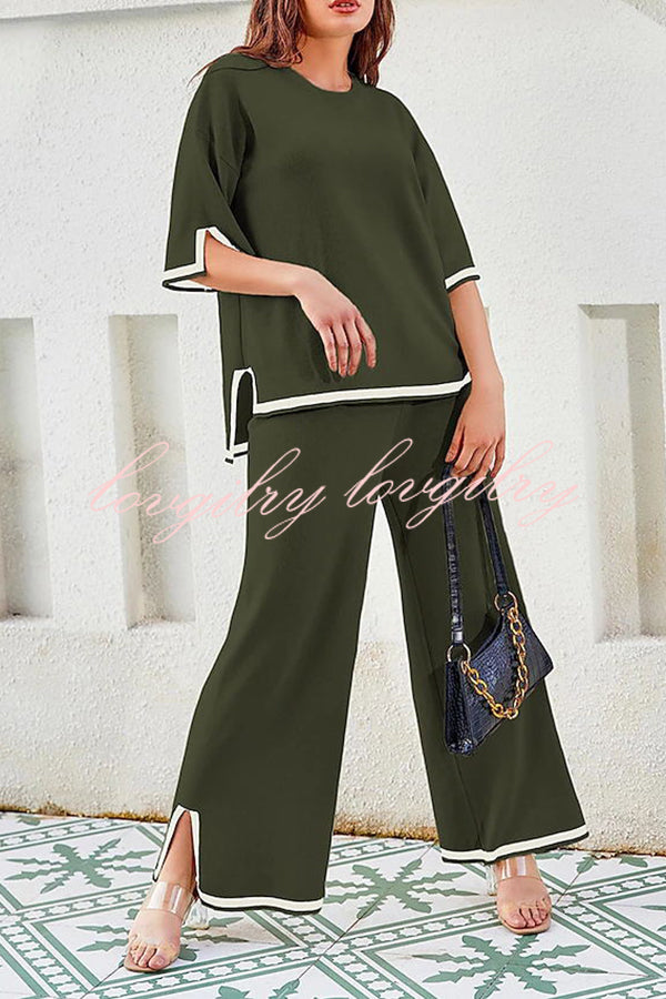 Lounge or Casual Wear Knit Patchwork Color Block Short Sleeve Top and Elastic Wide Leg Pants