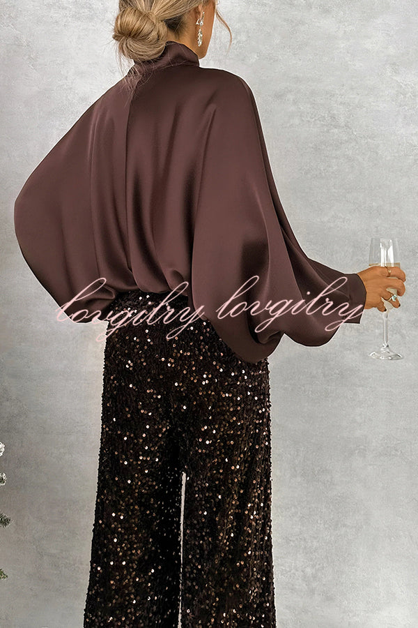 Chic and Merry Satin Bow Neck Batwing Sleeve Loose-fitting Blouse