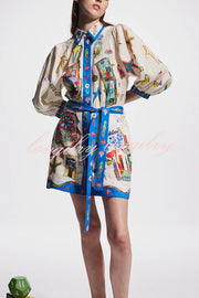 Linen Blend Unique Printed Balloon Sleeve Pocket Tie Waist Mini Dress