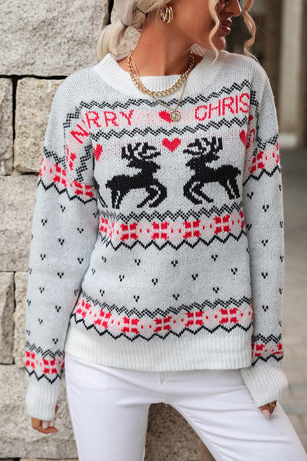 Christmas Elk Round Neck Long Sleeve Loose Knitted Sweater