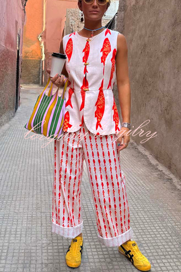 Good Luck Linen Blend Koi Pattern High Rise Elastic Waist Loose Pants