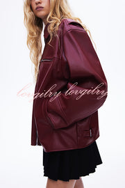 Fashion Lapel Long Sleeve Pocket Zipper Leather Jacket