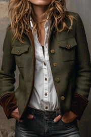 Vintage Herringbone Velvet Trim Casual Long-sleeved Blazer