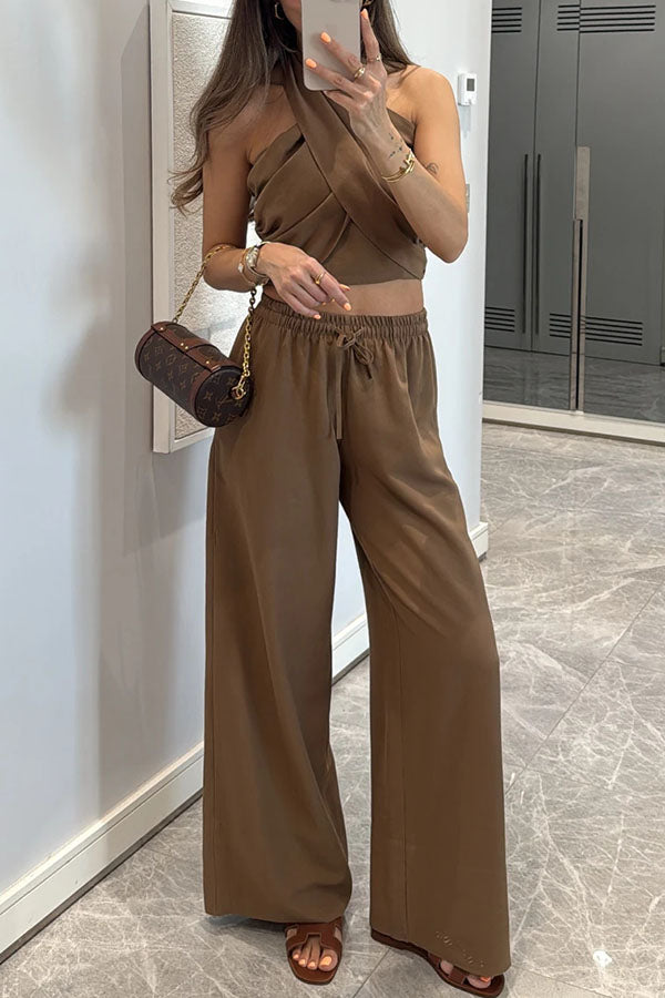 Noellie Cross Halter Neck Smocked Tank and Elastic Waist Pocketed Wide Leg Pants Set