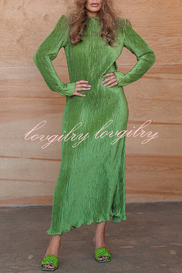 Hansin Satin Pleated Fabric Long Sleeve Wavy Trim H-line Slit Midi Dress