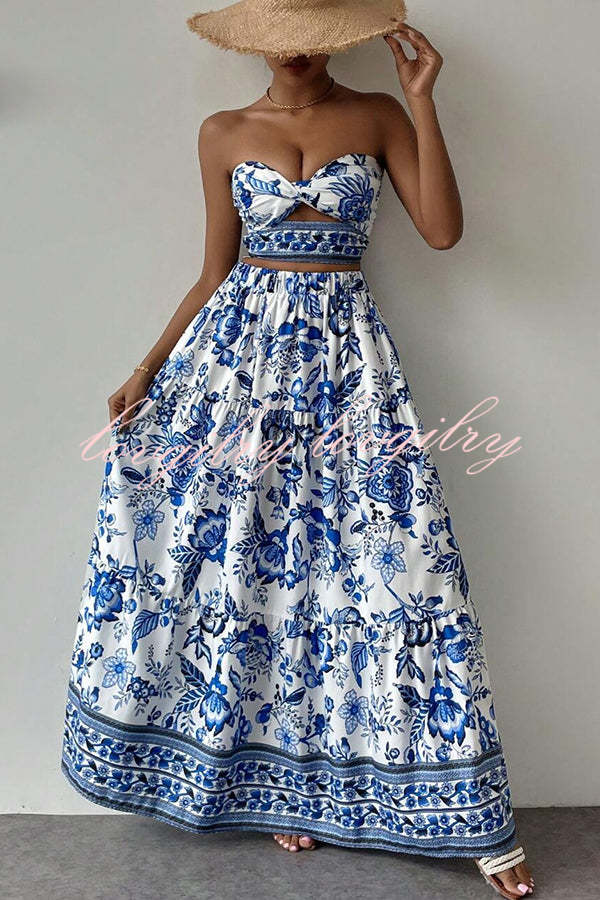 Floral Print Cutout Bandeau Top and Elastic Waist Full Maxi Skirt Set