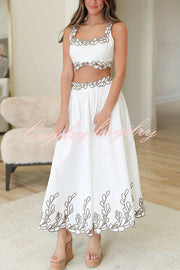 Perfect Vacation Embroidered Trim Crop Tank and Elastic Waist A-line Maxi Skirt Set