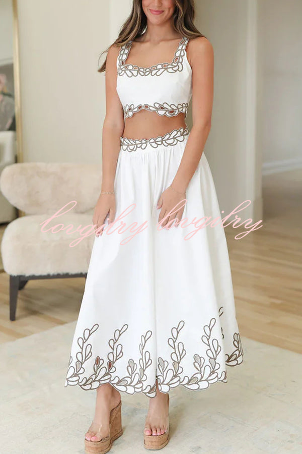 Perfect Vacation Embroidered Trim Crop Tank and Elastic Waist A-line Maxi Skirt Set