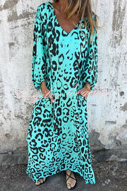 Leopard Print Loose V-neck Pocket Holiday Style Maxi Dress