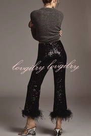 New Year Eve Sequin Feather Trim High Rise Back Zipper Flare Pants