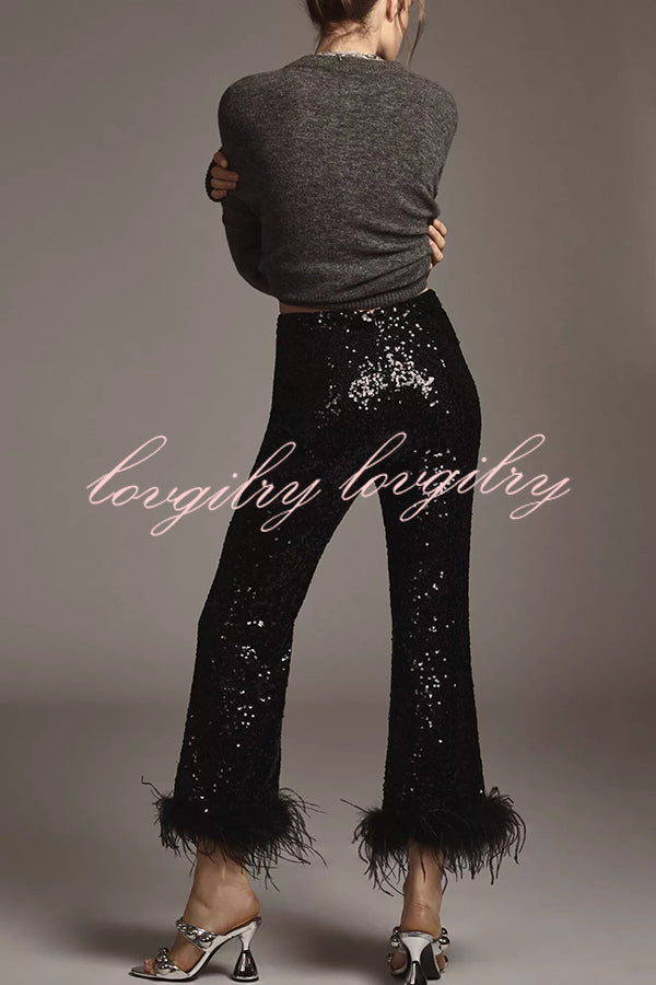 New Year Eve Sequin Feather Trim High Rise Back Zipper Flare Pants