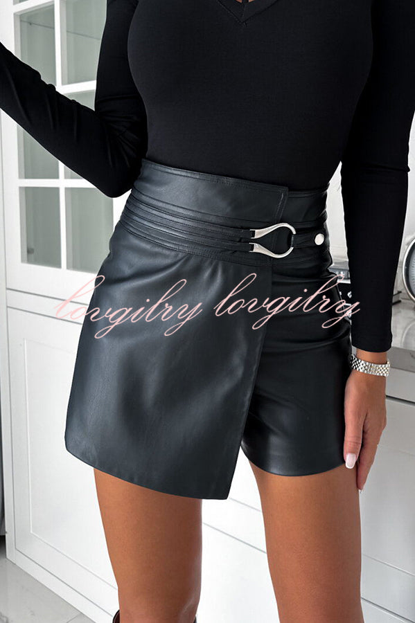 All about Fashion Faux Leather Wrap Metal Ring Mini Skort