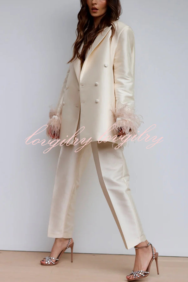Chic Affair Satin Feather Trim Lapel Loose Blazer and High Rise Pocket Tapered Pants Set