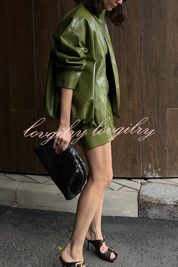 Solid Color Loose Long Sleeve Pocket Casual Leather Jacket