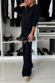 Solid Color Loose Hooded Tie Sweatshirt and Elastic Waist Casual Straight Pants Set